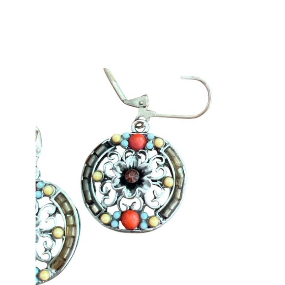 Vintage Floral Filigree Dangle Earrings Leverback Closure Rhinestones Estate - Picture 3 of 5